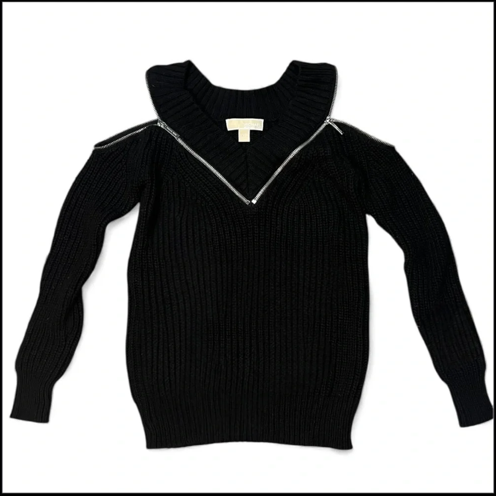 Michael Kors Black Chunky Knit Zip Cold Shoulder Sweater